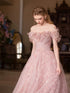Beautiful Pink Flower Off Shoulder Tulle Prom Dress, A-line Tulle Pink Evening Dress